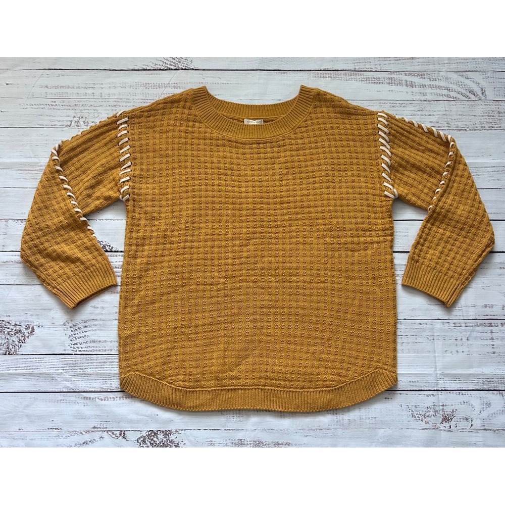 Kate & Sam Mustard Yellow Sweater Womens XL Waffle Knit Lace Up Sleeve Pullover